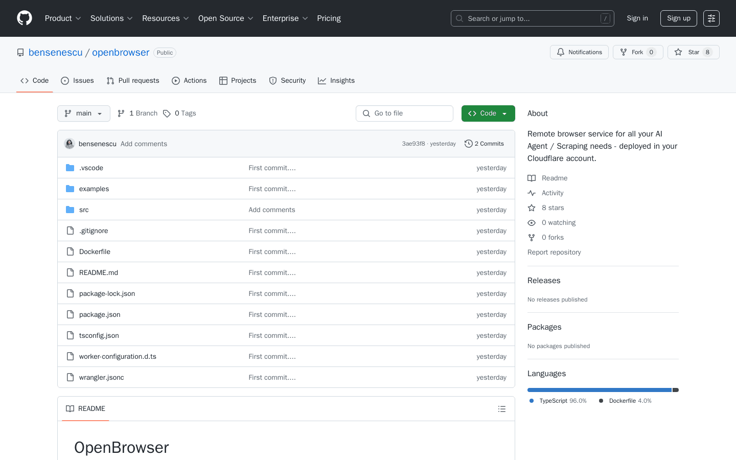 GitHub - bensenescu/openbrowser: Remote browser service for all your AI Agent / Scraping needs - deployed in your Cloudflare account.