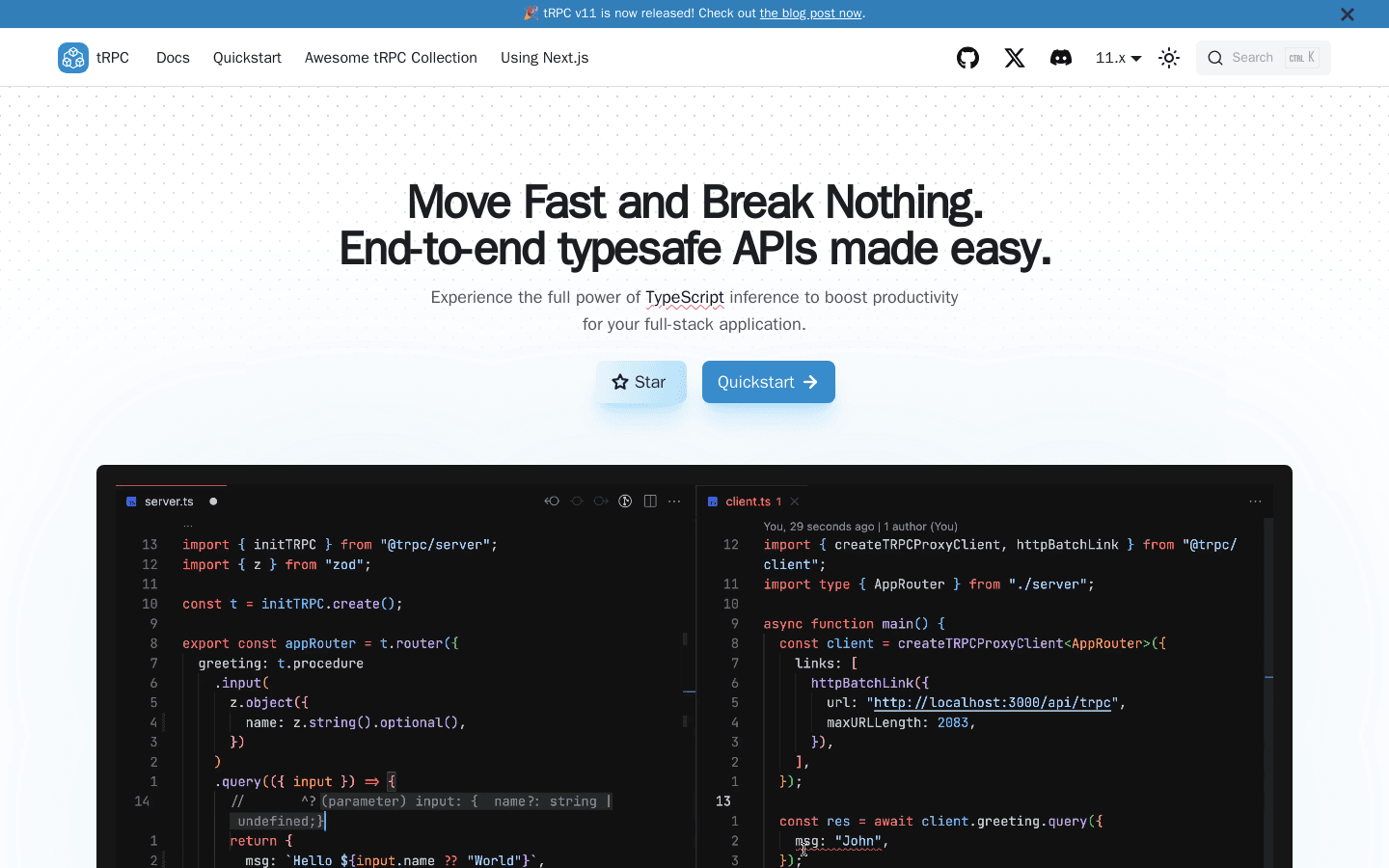 tRPC - Move Fast and Break Nothing.
End-to-end typesafe APIs made easy. | tRPC