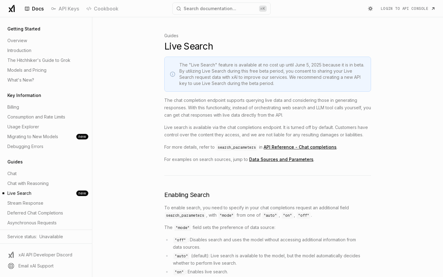 Live Search - Guides | xAI Docs