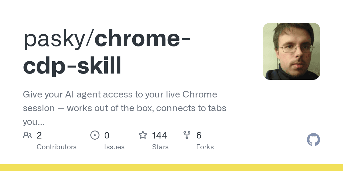 GitHub - pasky/chrome-cdp-skill: Give your AI agent access to your live Chrome session — works out of the box, connects to tabs you already have open