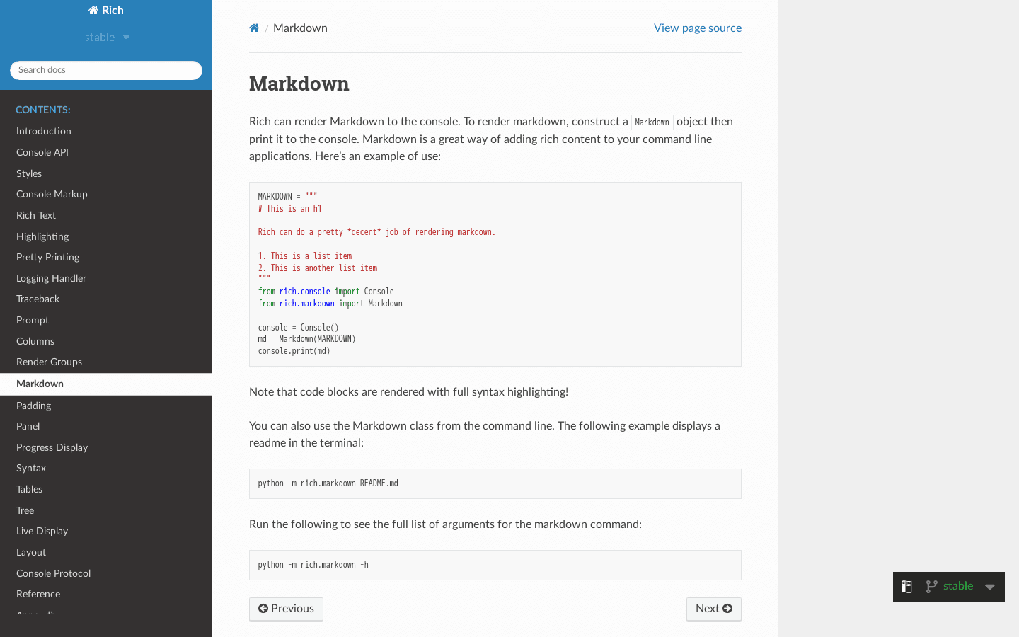 Markdown — Rich console print display for Python command line interactivity