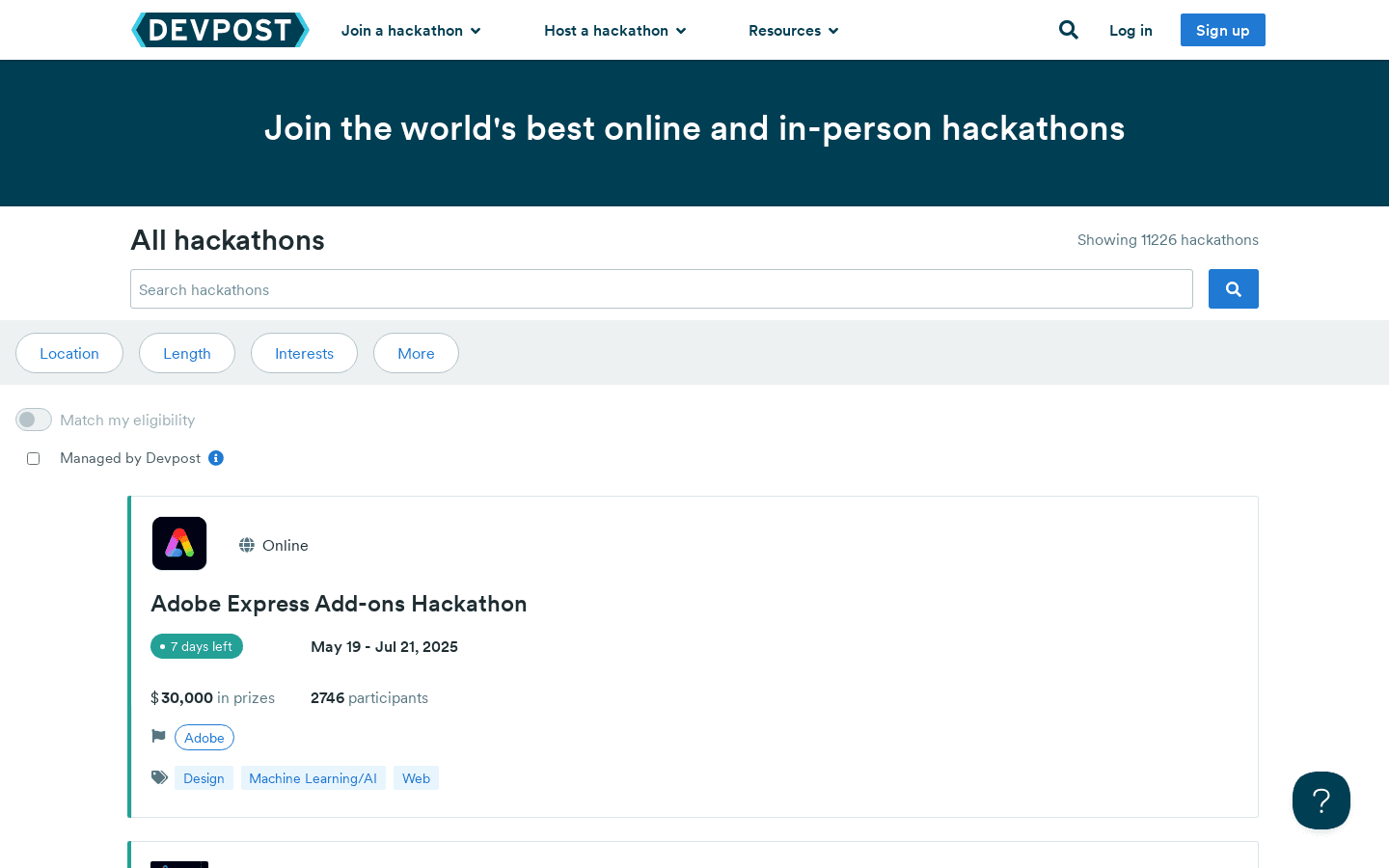 New & upcoming hackathons · Devpost