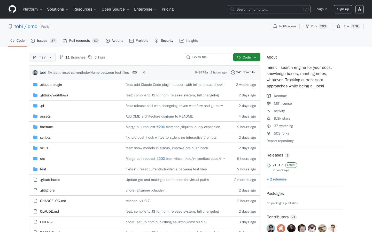 tobi/qmd: mini cli search engine for your docs, knowledge bases, meeting notes, whatever. Tracking current sota approaches while being all local
