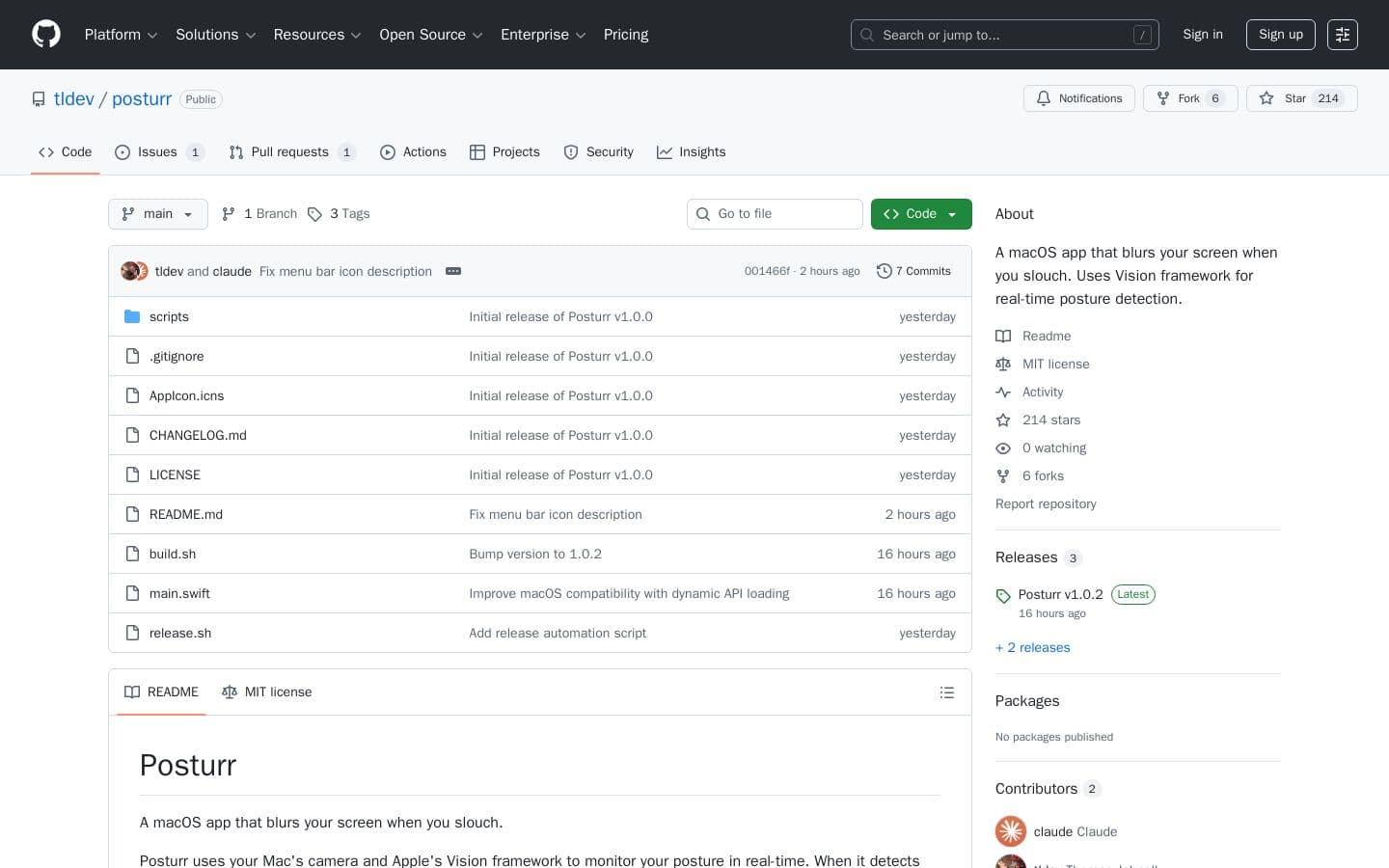GitHub - tldev/posturr: A macOS app that blurs your screen when you slouch. Uses Vision framework for real-time posture detection.