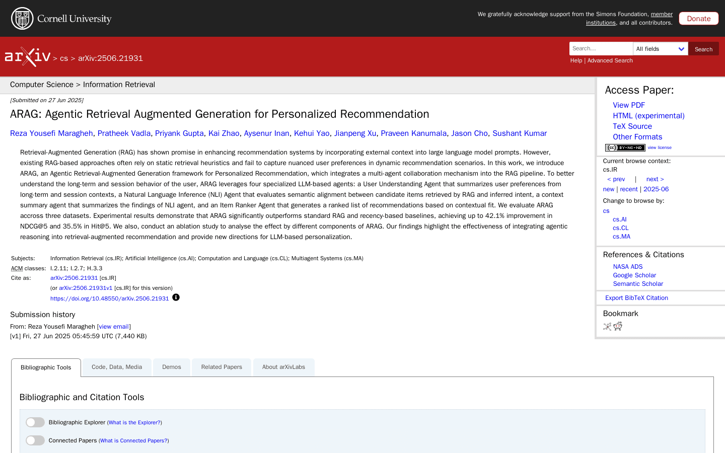ARAG: Agentic Retrieval Augmented Generation for Personalized Recommendation