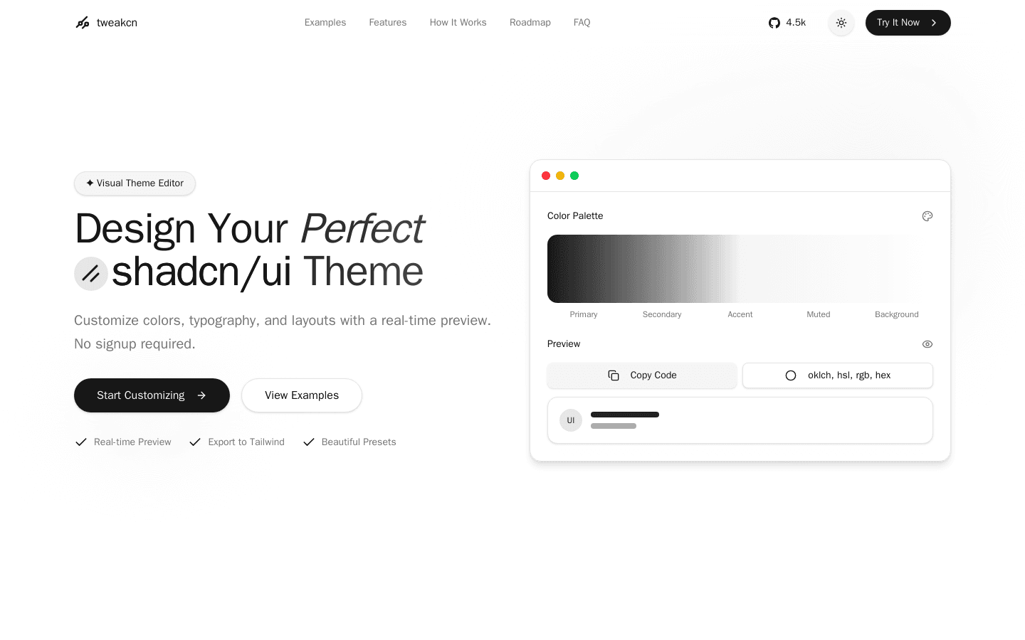 Beautiful themes for shadcn/ui — tweakcn | Theme Editor & Generator