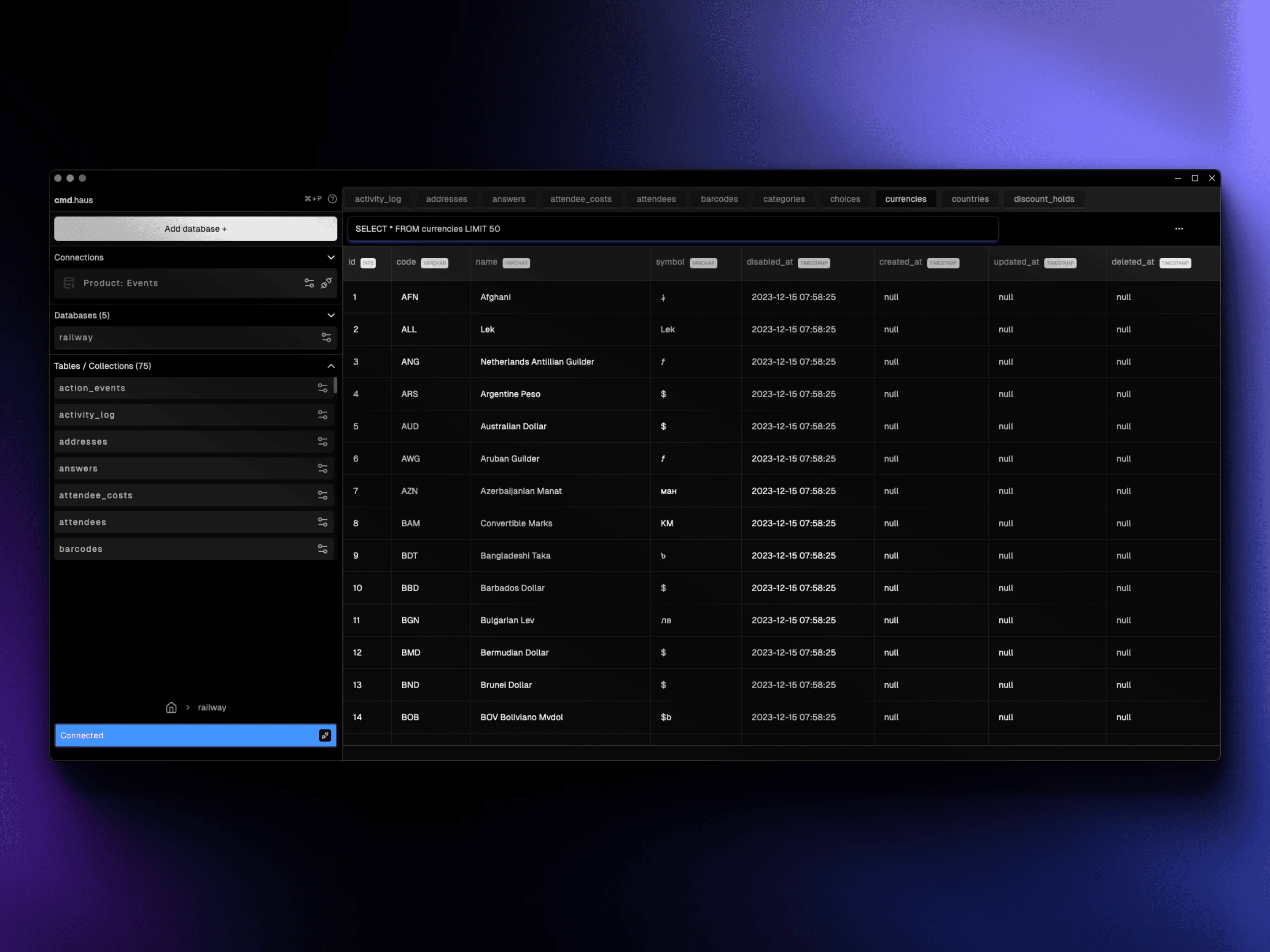 Preview of Cmd.haus AI Postgres and MySQL database client