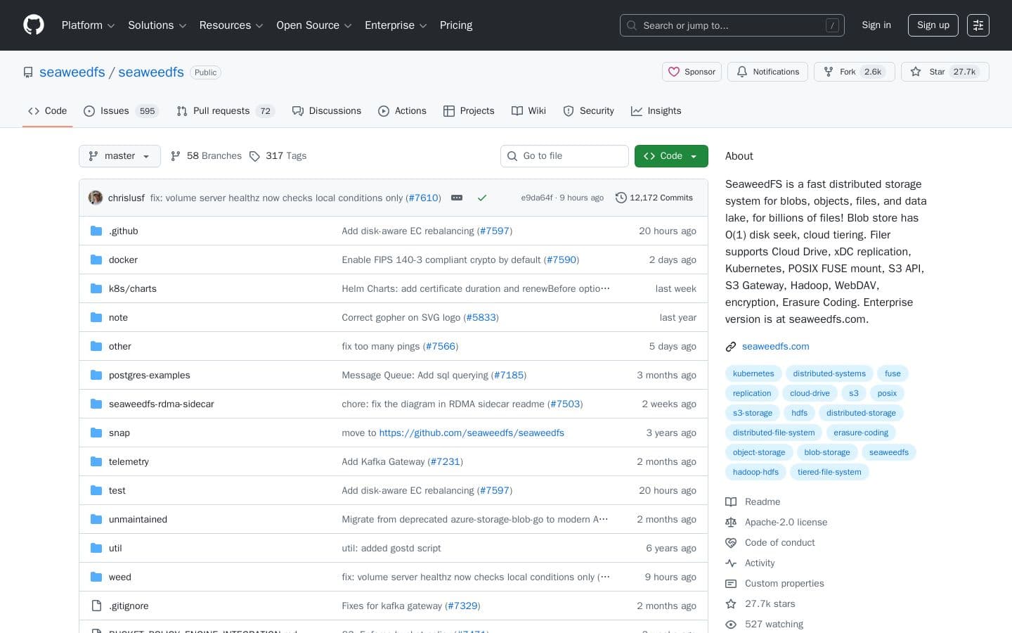 GitHub - seaweedfs/seaweedfs: SeaweedFS is a fast distributed storage system for blobs, objects, files, and data lake, for billions of files! Blob store has O(1) disk seek, cloud tiering. Filer supports Cloud Drive, xDC replication, Kubernetes, POSIX FUSE mount, S3 API, S3 Gateway, Hadoop, WebDAV, encryption, Erasure Coding. Enterprise version is at seaweedfs.com.