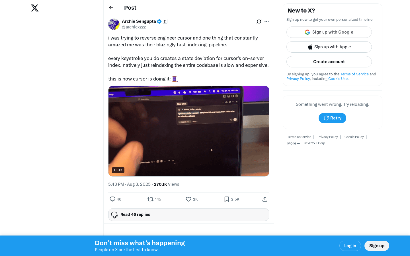 Archie Sengupta on X: “i was trying to reverse engineer cursor and one thing that constantly amazed me was their blazingly fast-indexing-pipeline. every keystroke you do creates a state deviation for cursor’s on-server index. natively just reindexing the entire codebase is slow and expensive. this is https://t.co/UV0S6Njusp” / X