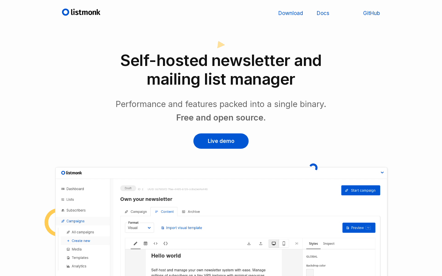 listmonk - Free and open source self-hosted newsletter, mailing list manager, and transactional mails