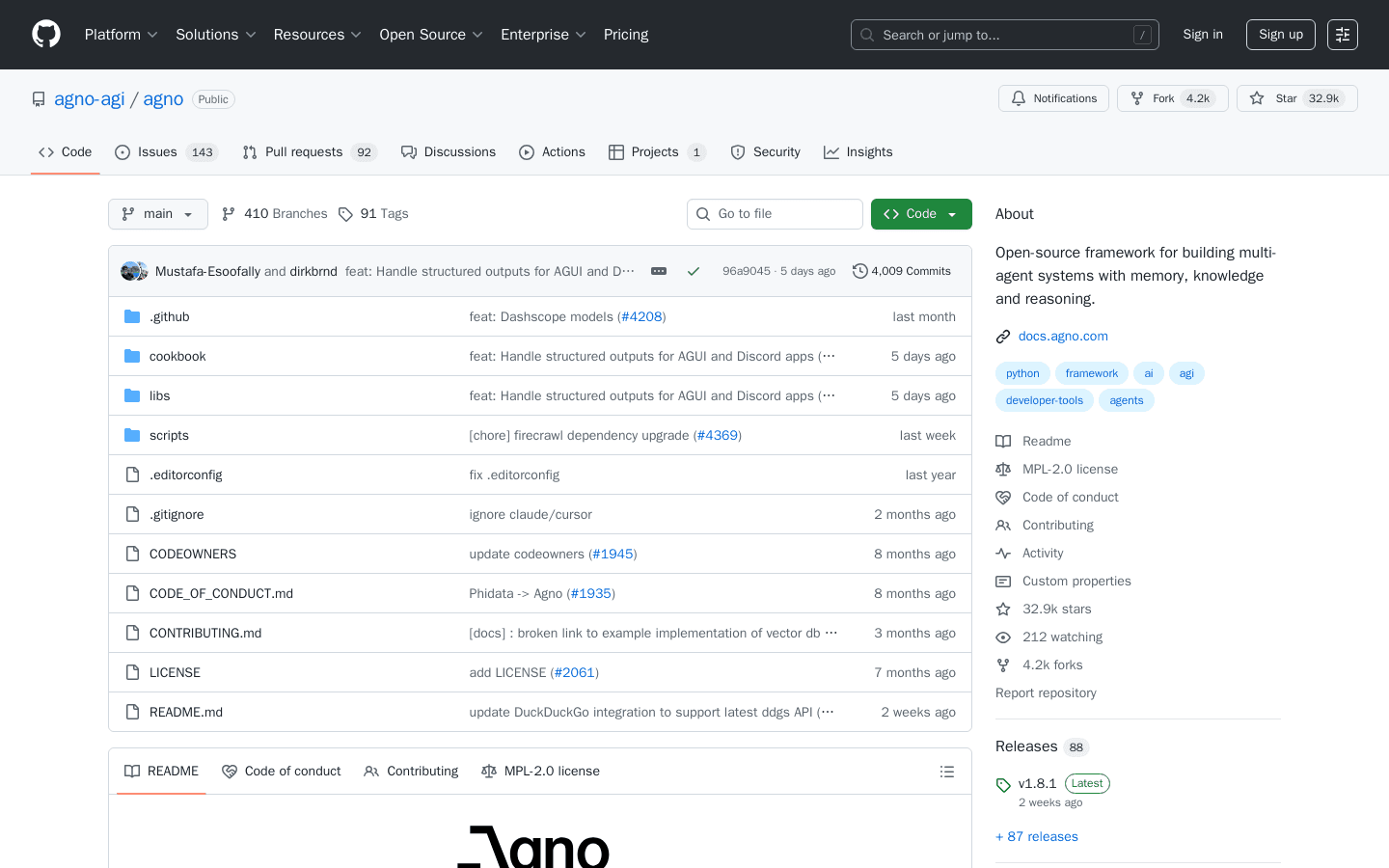 GitHub - agno-agi/agno: Open-source framework for building multi-agent systems with memory, knowledge and reasoning.