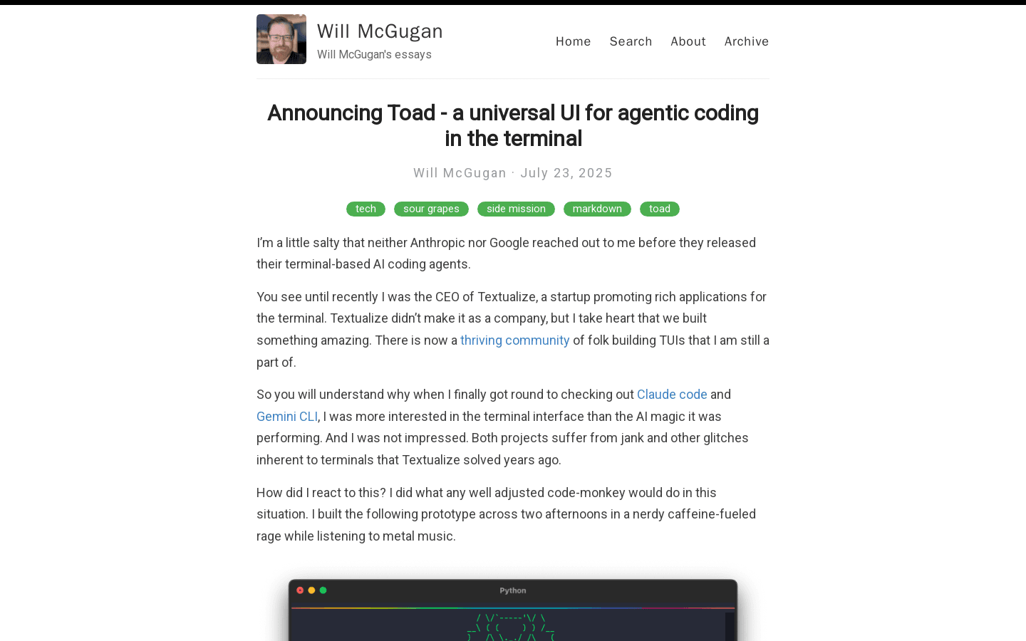 Announcing Toad - a universal UI for agentic coding in the terminal