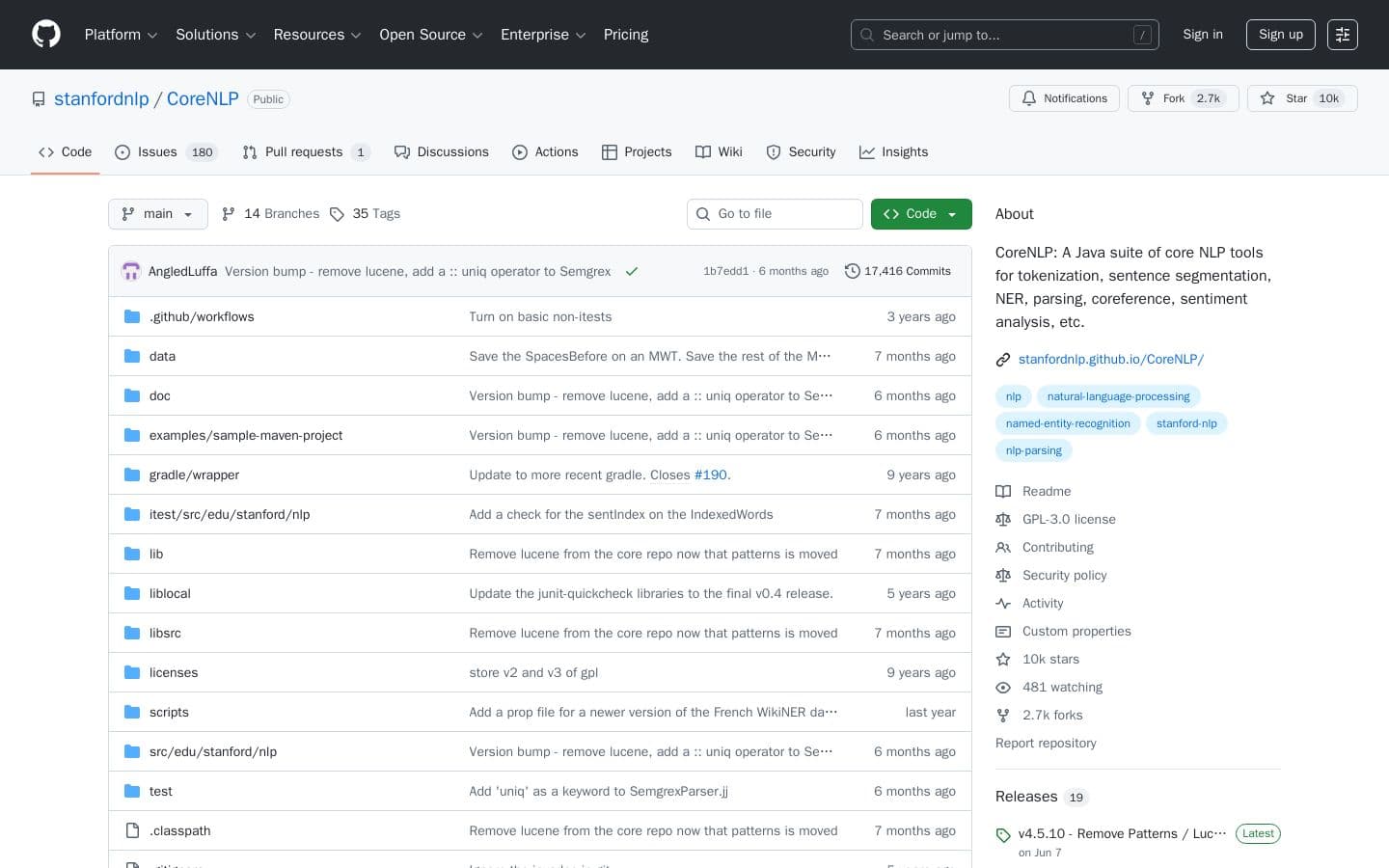 stanfordnlp/CoreNLP: CoreNLP: A Java suite of core NLP tools for tokenization, sentence segmentation, NER, parsing, coreference, sentiment analysis, etc.