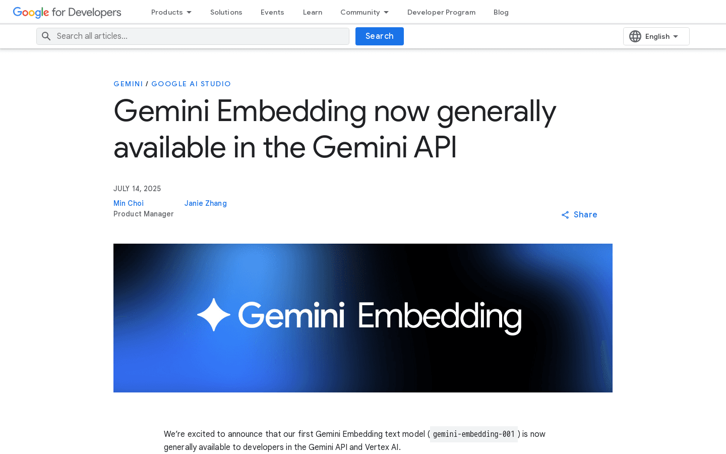 Gemini Embedding now generally available in the Gemini API