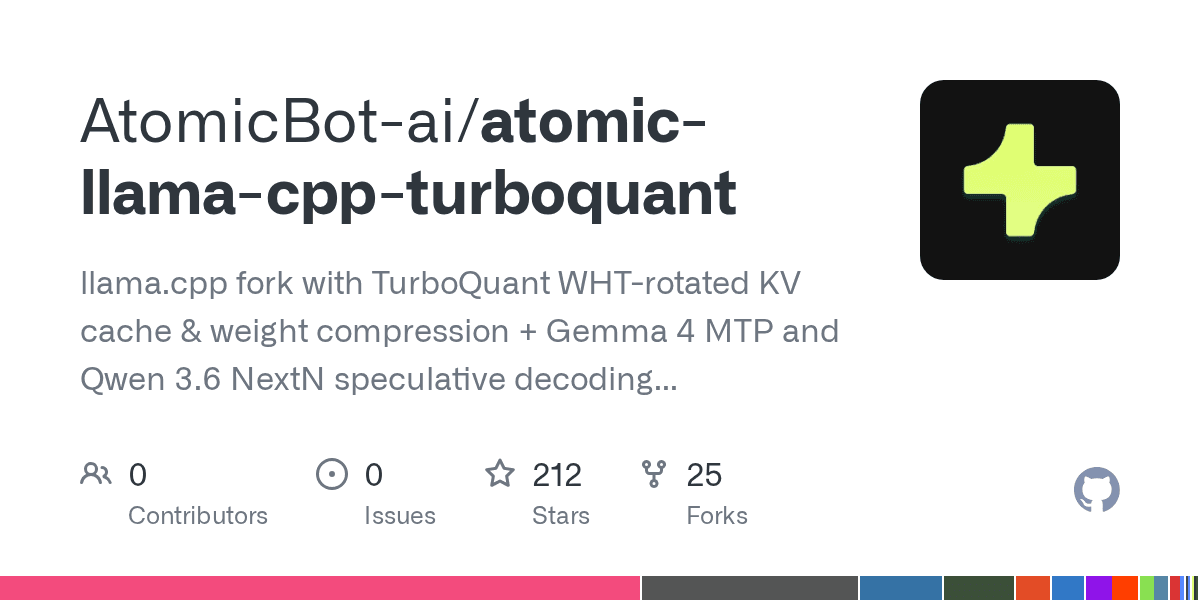 GitHub - AtomicBot-ai/atomic-llama-cpp-turboquant: llama.cpp fork with TurboQuant WHT-rotated KV cache & weight compression + Gemma 4 MTP and Qwen 3.6 NextN speculative decoding (+30-50% throughput).