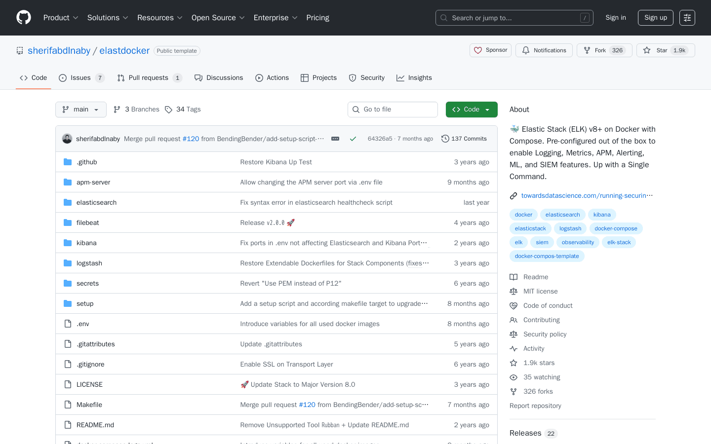 GitHub - sherifabdlnaby/elastdocker: 🐳 Elastic Stack (ELK) v8+ on Docker with Compose. Pre-configured out of the box to enable Logging, Metrics, APM, Alerting, ML, and SIEM features. Up with a Single Command.