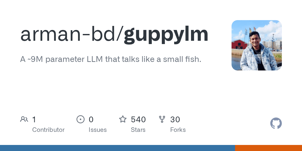 Preview of GitHub - arman-bd/guppylm: A ~9M parameter LLM that talks like a small fish.