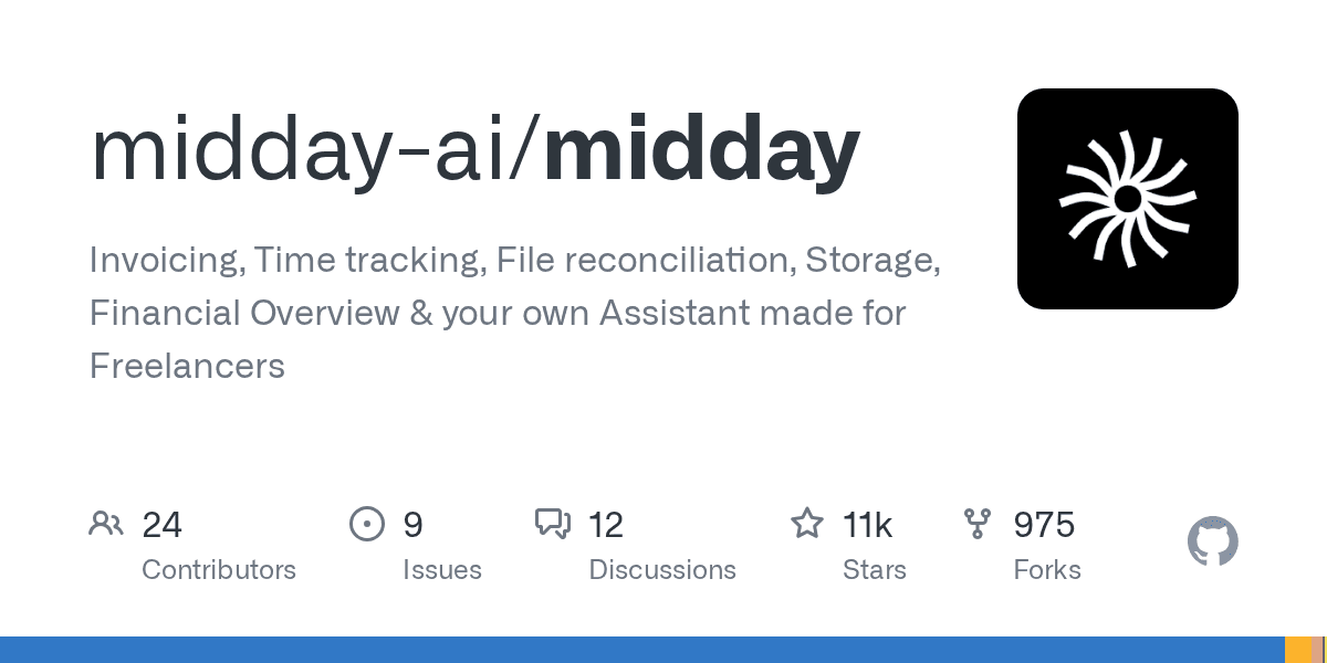 GitHub - midday-ai/midday: Invoicing, Time tracking, File reconciliation, Storage, Financial Overview & your own Assistant made for Freelancers