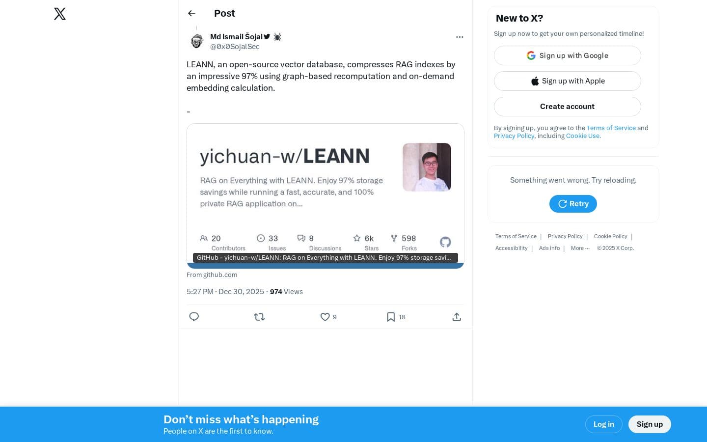 Md Ismail Šojal 🕷️ on X: “LEANN, an open-source vector database, compresses RAG indexes by an impressive 97% using graph-based recomputation and on-demand embedding calculation. - https://t.co/NhpwzDLDYu” / X