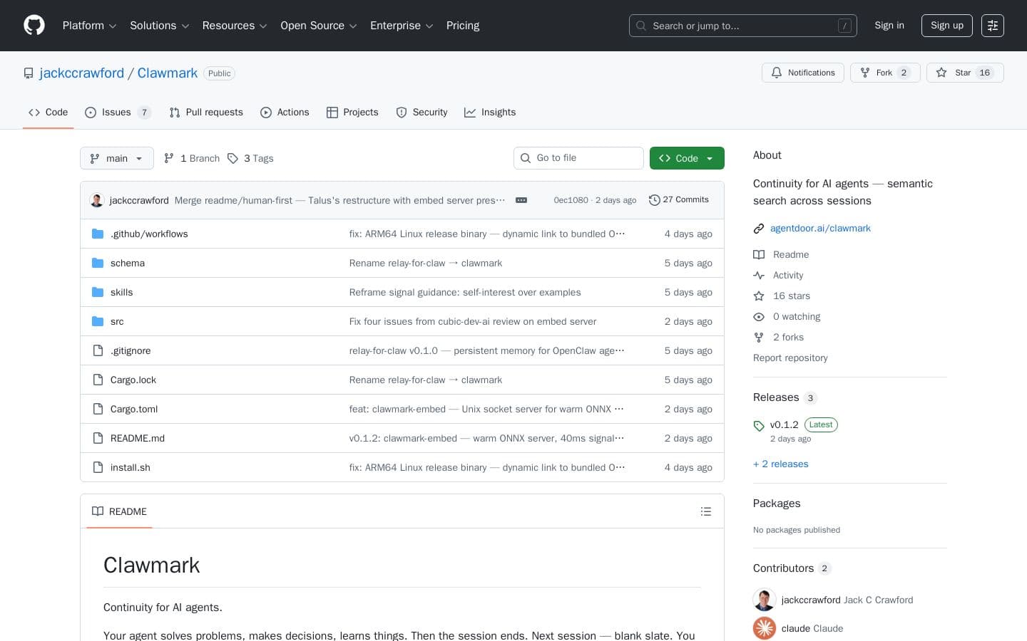 GitHub - jackccrawford/Clawmark: Continuity for AI agents — semantic search across sessions