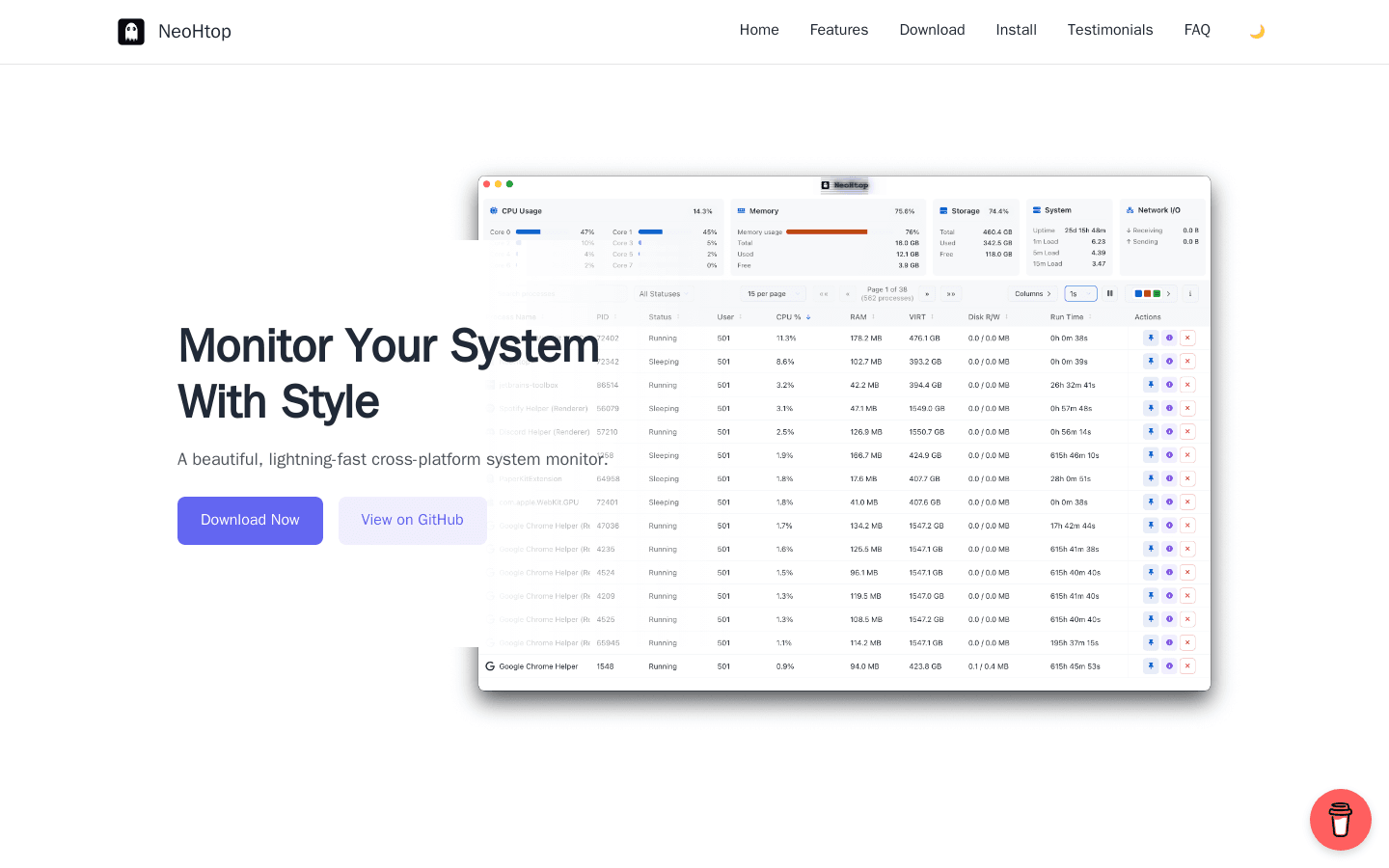 NeoHtop - Blazing-fast system monitoring for your desktop