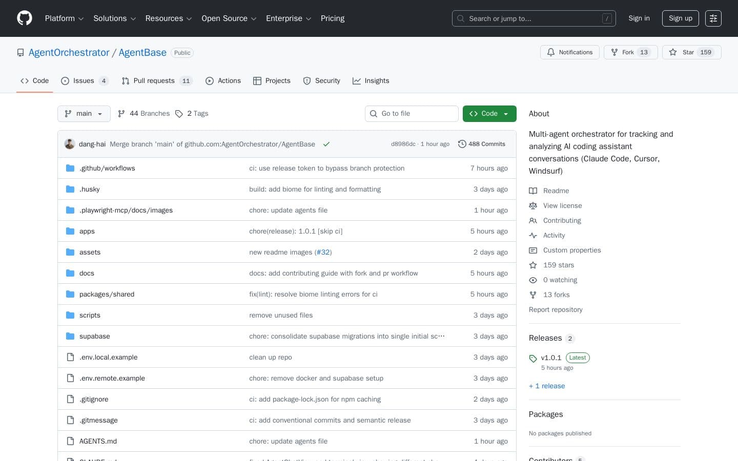 Preview of GitHub - AgentOrchestrator/AgentBase: Multi-agent orchestrator for tracking and analyzing AI coding assistant conversations (Claude Code, Cursor, Windsurf)