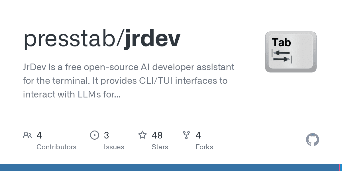 GitHub - presstab/jrdev: JrDev is a free open-source AI developer assistant for the terminal. It provides CLI/TUI interfaces to interact with LLMs for code generation, project context management, and Git operations.
