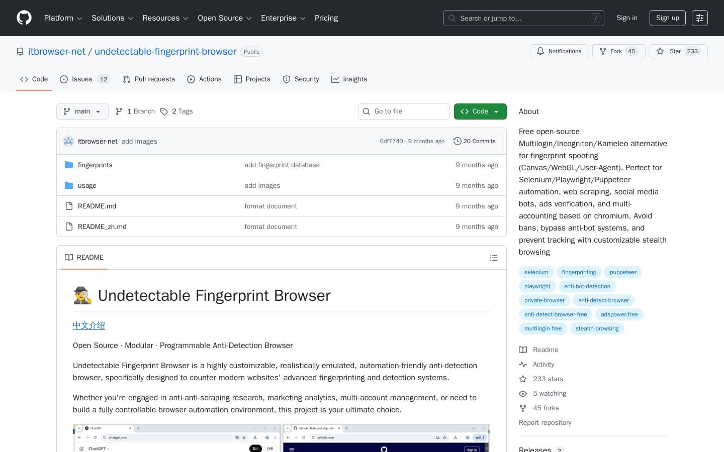 GitHub - itbrowser-net/undetectable-fingerprint-browser: Free open-source Multilogin/Incogniton/Kameleo alternative for fingerprint spoofing (Canvas/WebGL/User-Agent). Perfect for Selenium/Playwright/Puppeteer automation, web scraping, social media bots, ads verification, and multi-accounting based on chromium. Avoid bans, bypass anti-bot systems, and prevent tracking with customizable stealth browsing