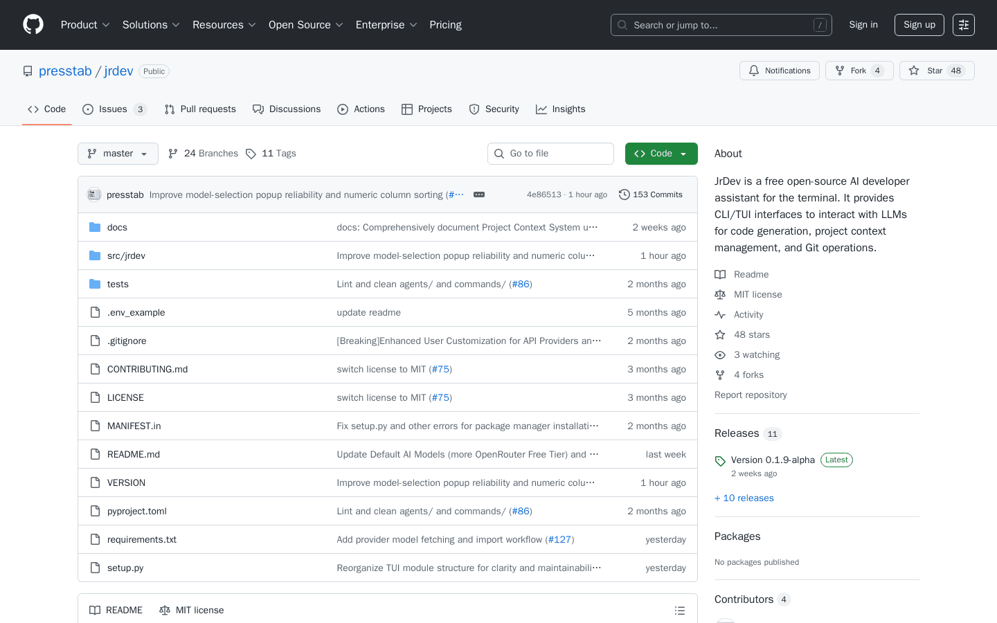 GitHub - presstab/jrdev: JrDev is a free open-source AI developer assistant for the terminal. It provides CLI/TUI interfaces to interact with LLMs for code generation, project context management, and Git operations.