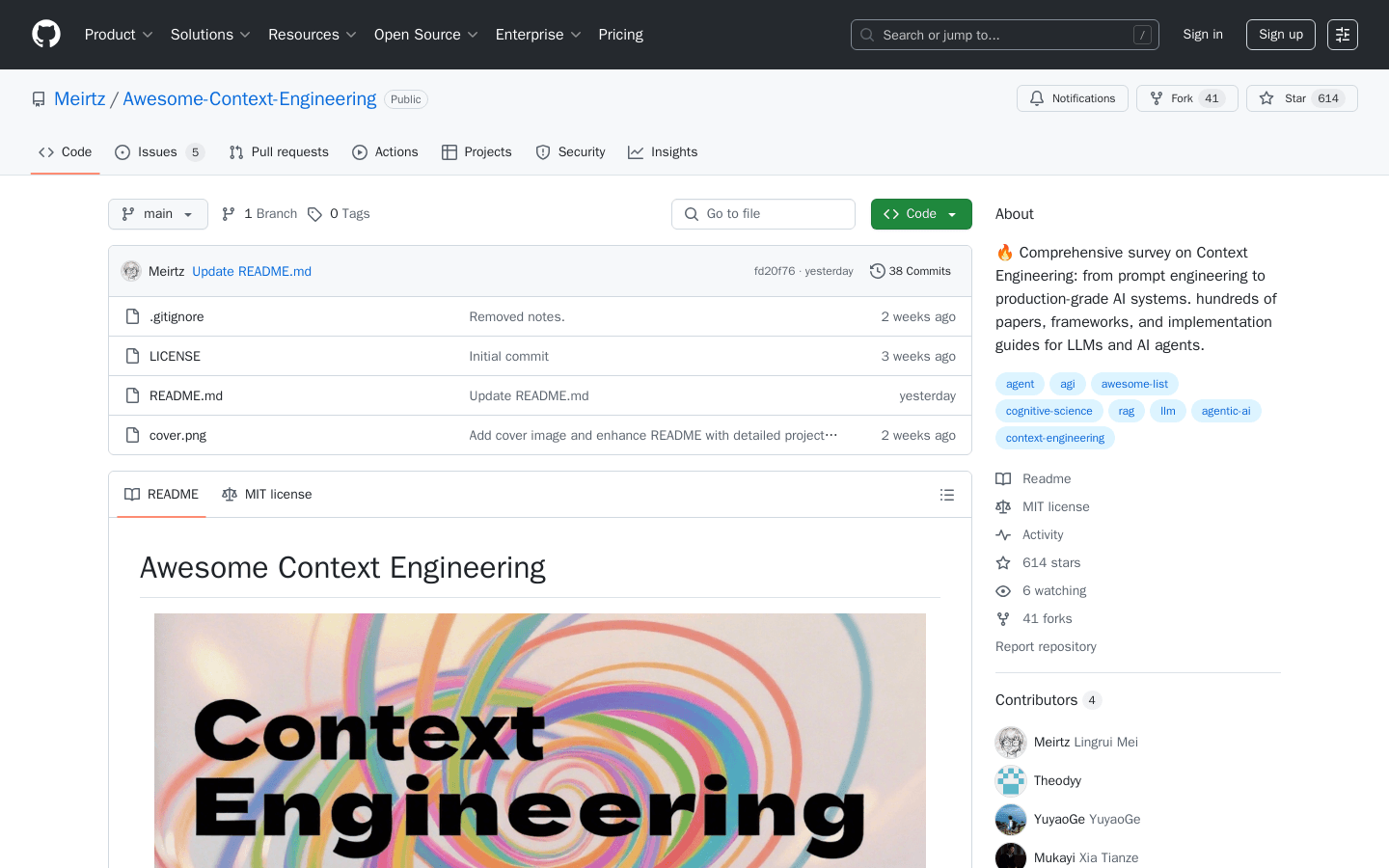 GitHub - Meirtz/Awesome-Context-Engineering: 🔥 Comprehensive survey on Context Engineering: from prompt engineering to production-grade AI systems. hundreds of papers, frameworks, and implementation guides for LLMs and AI agents.