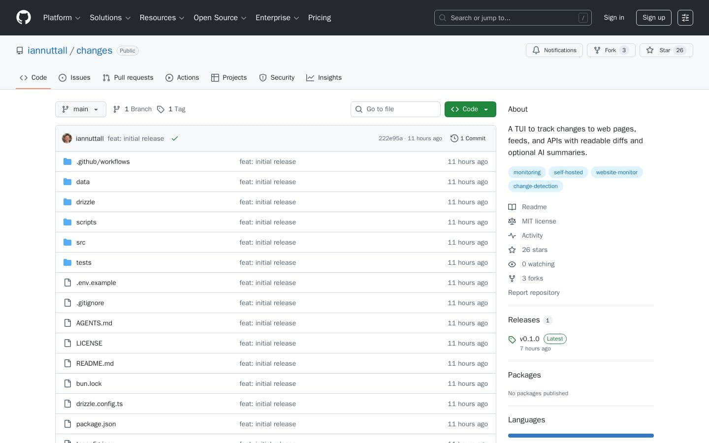 GitHub - iannuttall/changes: A TUI to track changes to web pages, feeds, and APIs with readable diffs and optional AI summaries.
