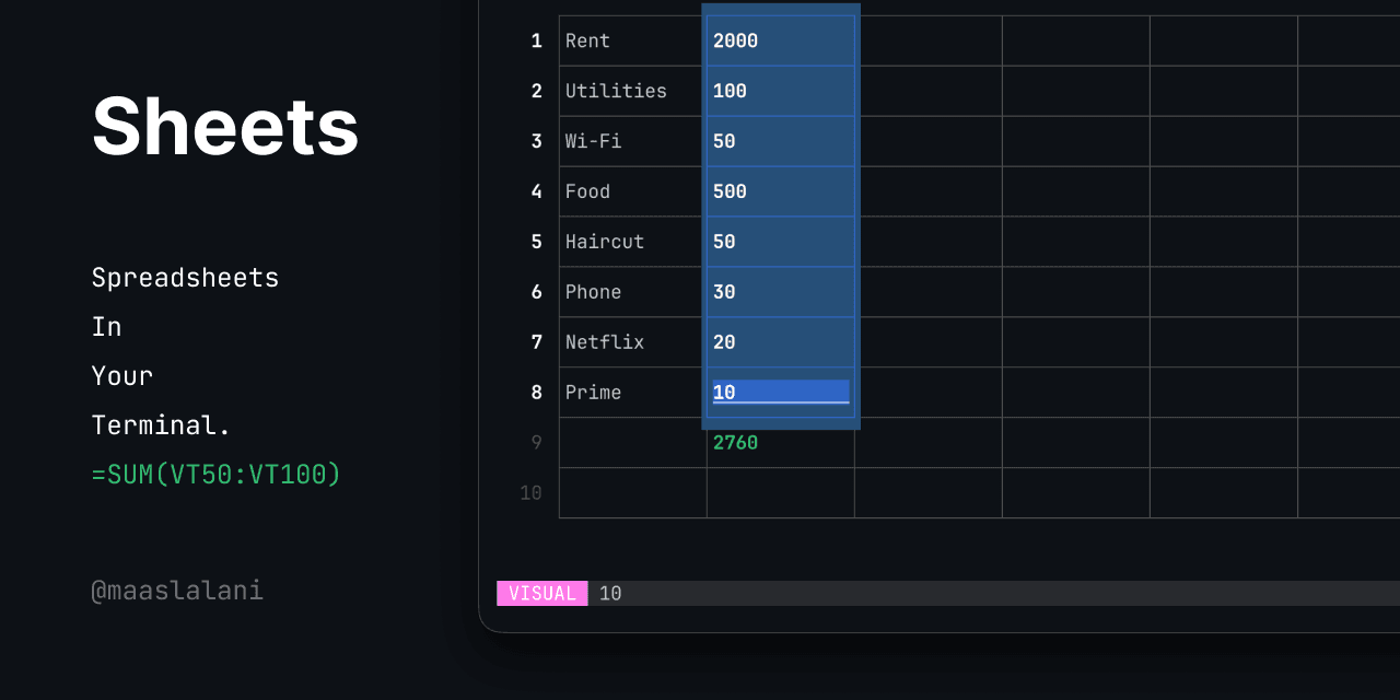 GitHub - maaslalani/sheets: Terminal based spreadsheet tool
