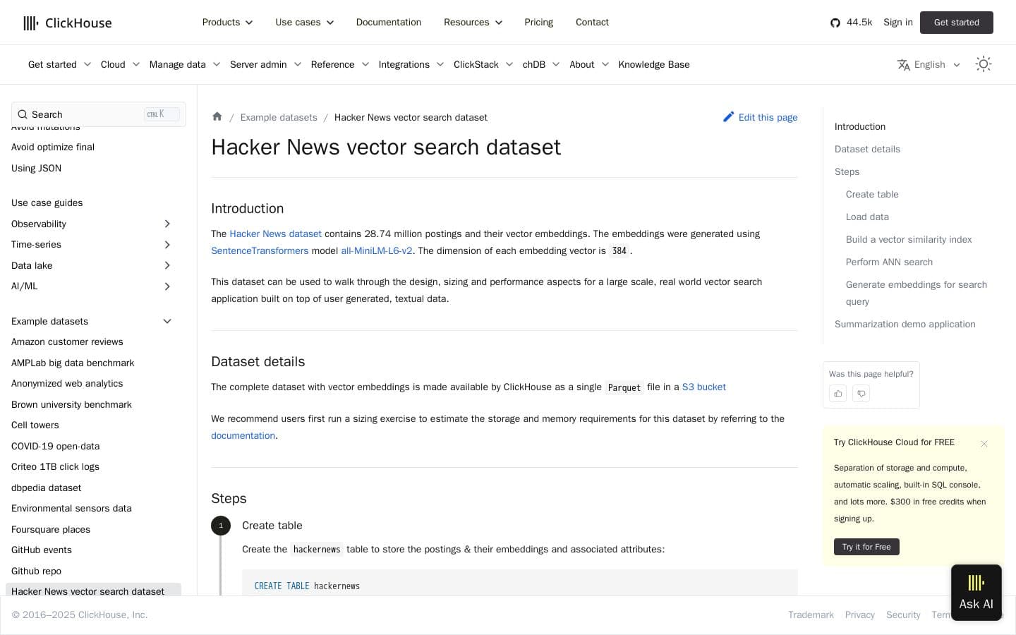 Hacker News vector search dataset using ClickHouse