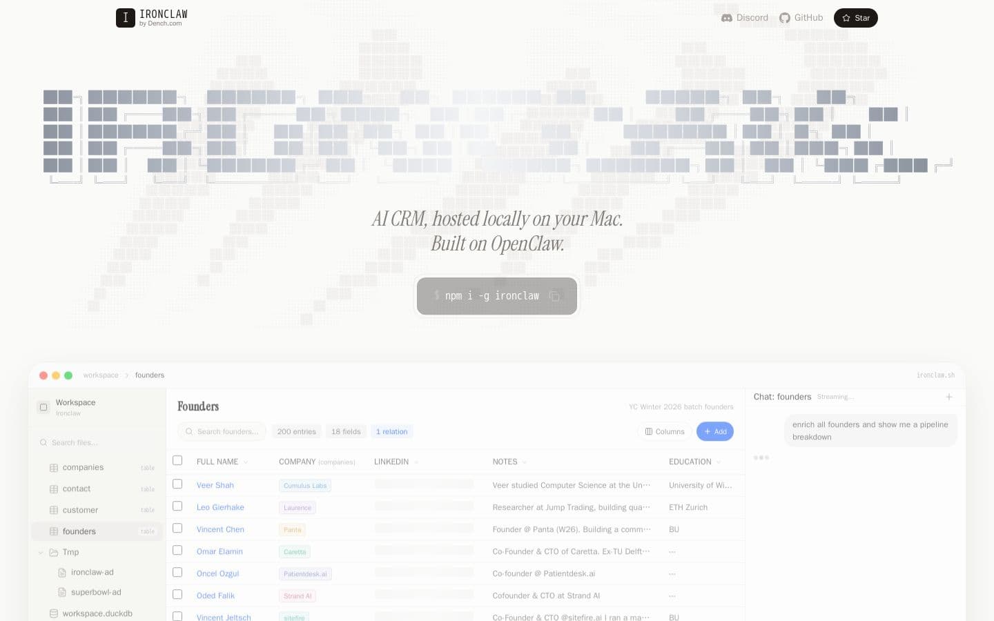 Ironclaw — AI CRM, hosted locally on your Mac
