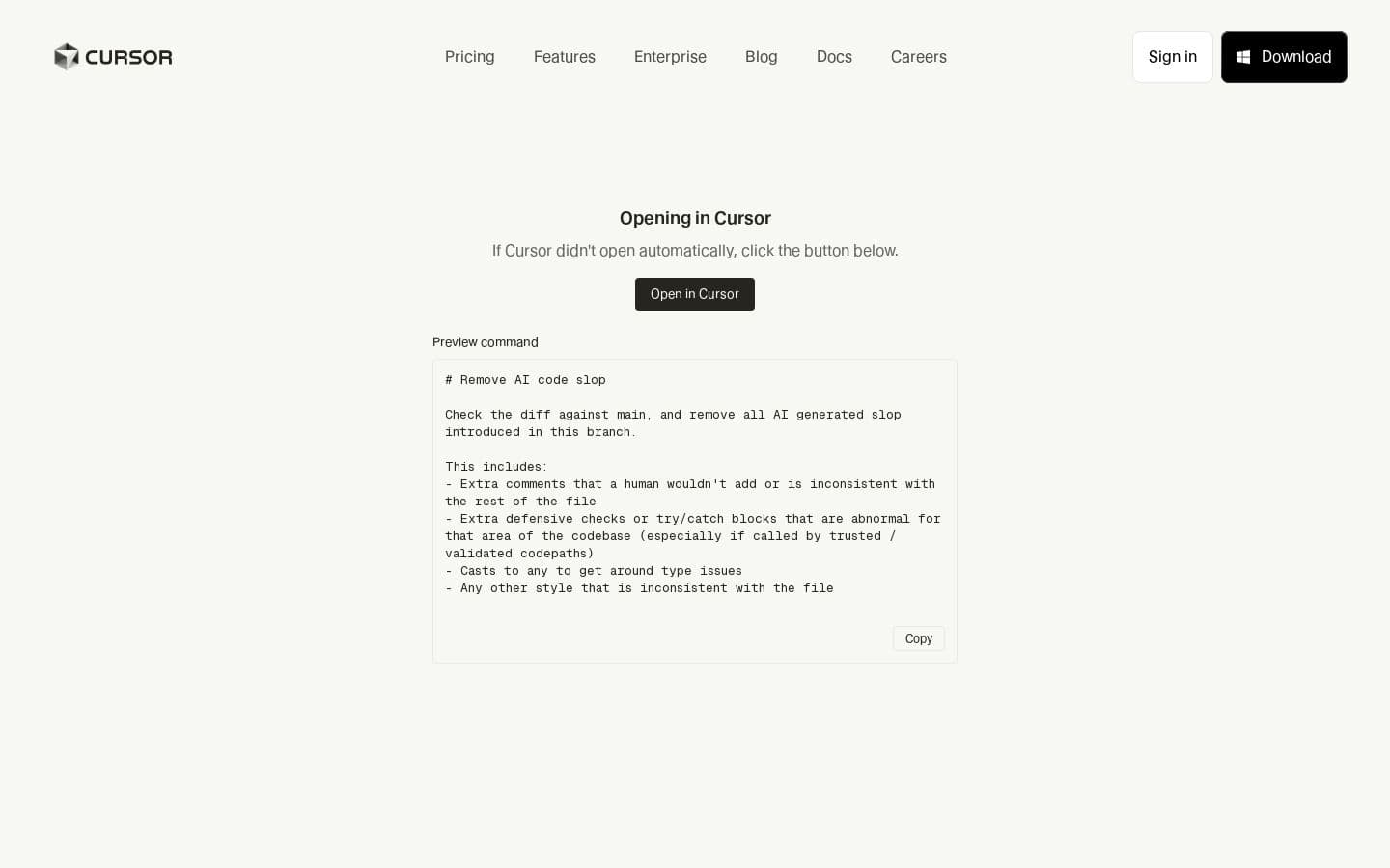 AI Code Slop Cleanup Command - Cursor