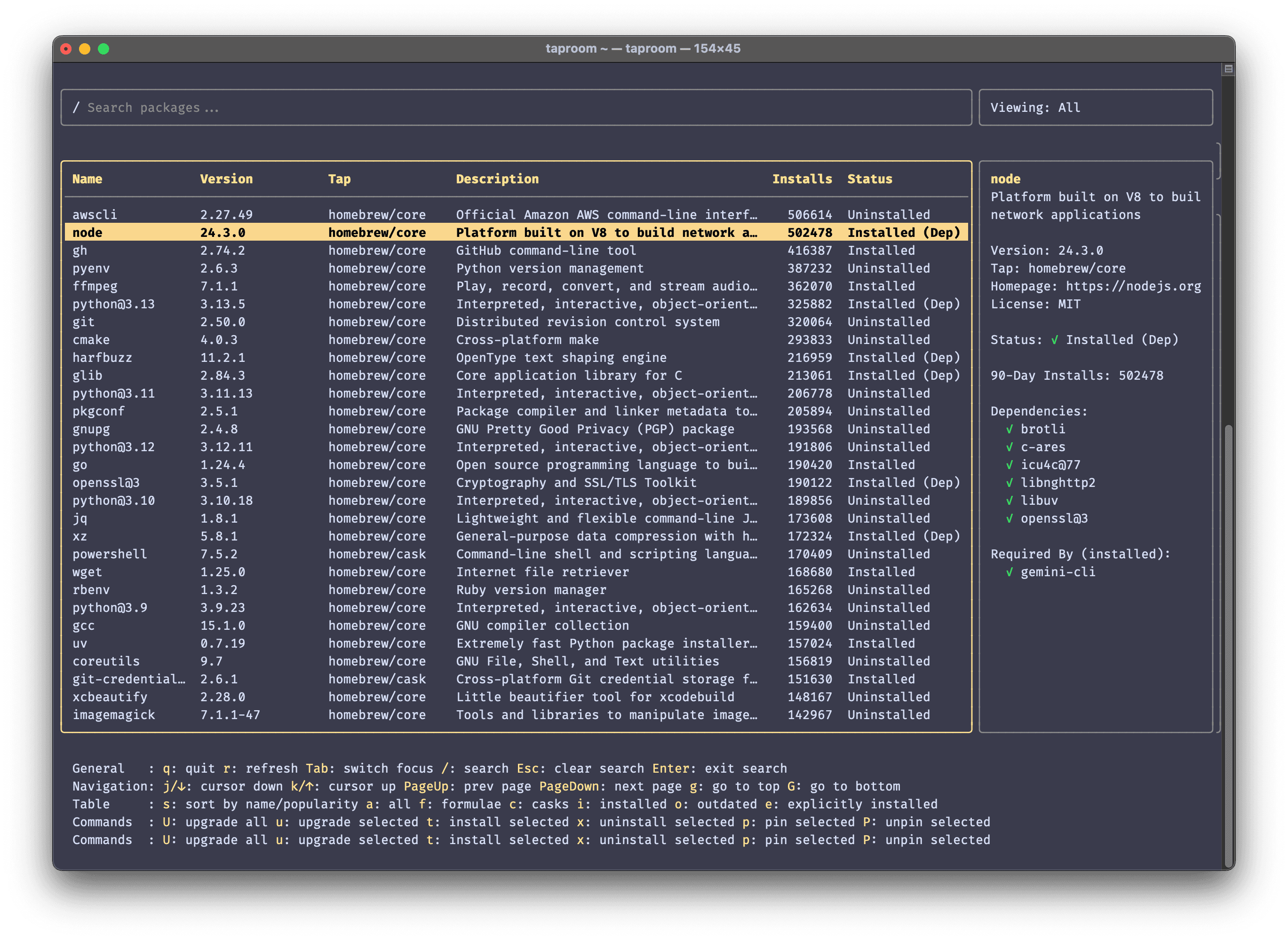 taproom - An interactive TUI for Homebrew.