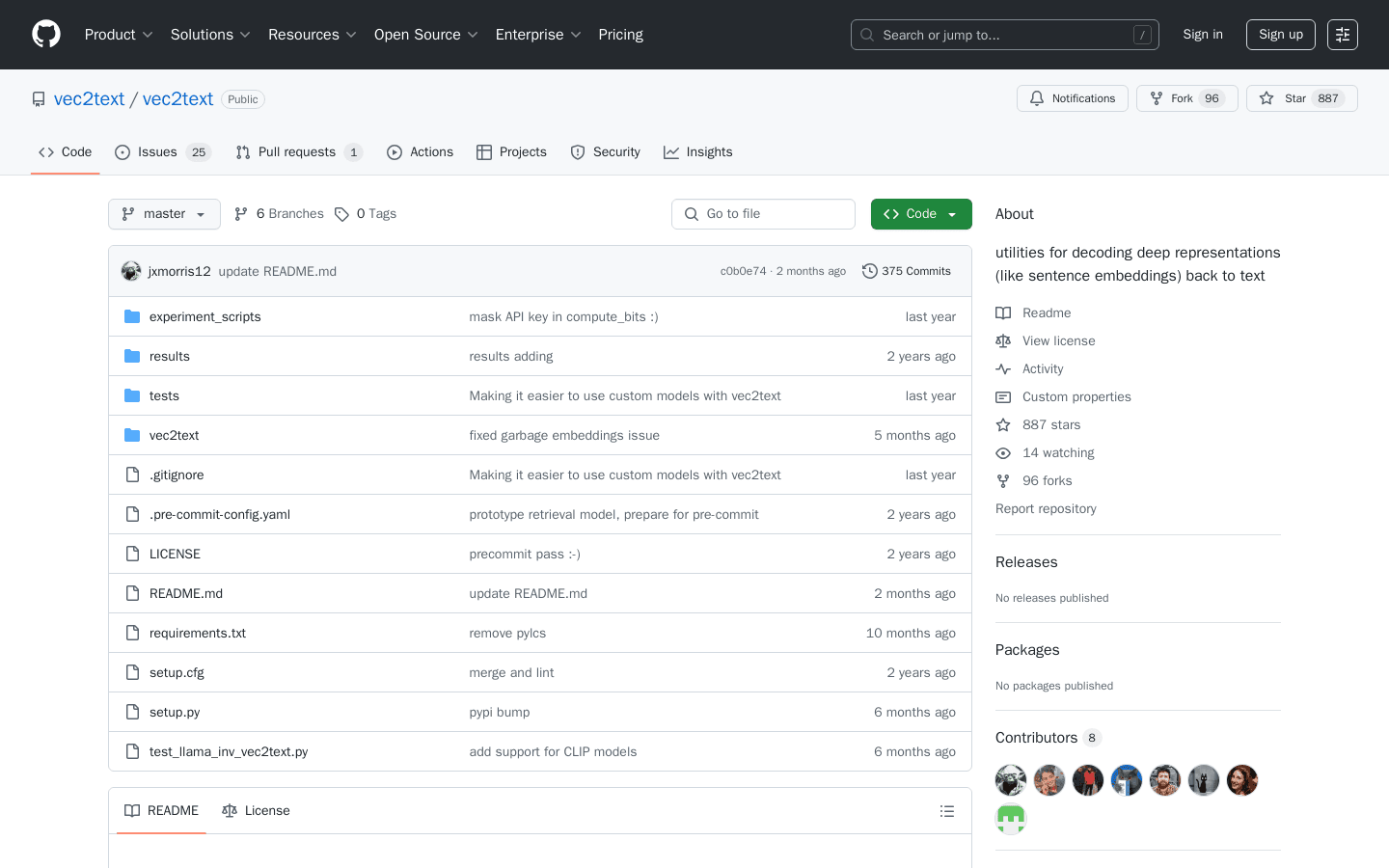 GitHub - vec2text/vec2text: utilities for decoding deep representations (like sentence embeddings) back to text