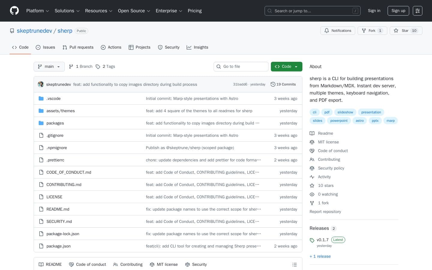 GitHub - skeptrunedev/sherp: sherp is a CLI for building presentations from Markdown/MDX. Instant dev server, multiple themes, keyboard navigation, and PDF export.
