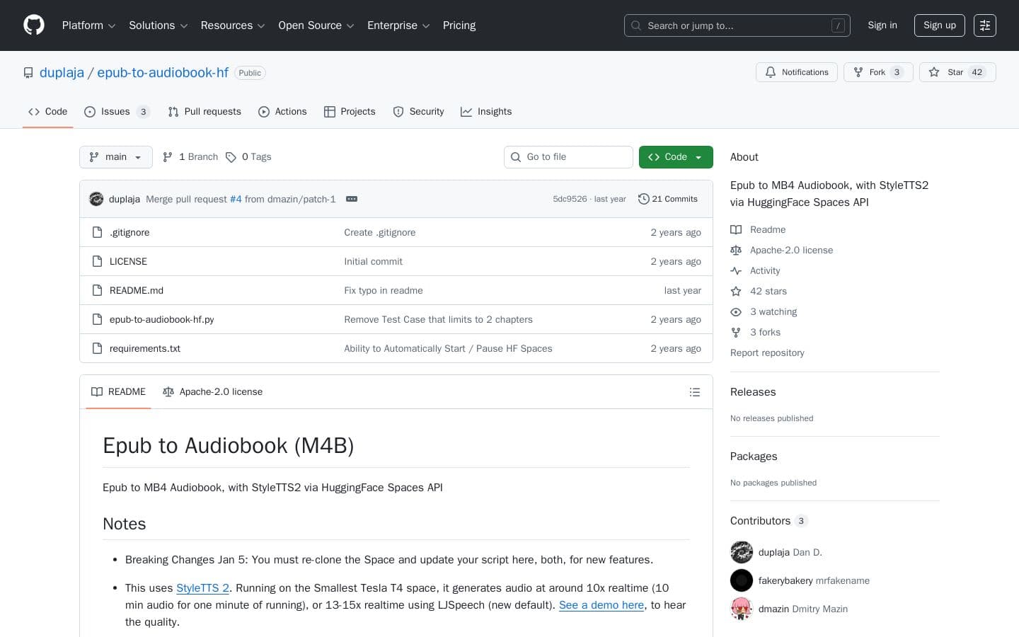 duplaja/epub-to-audiobook-hf: Epub to MB4 Audiobook, with StyleTTS2 via HuggingFace Spaces API