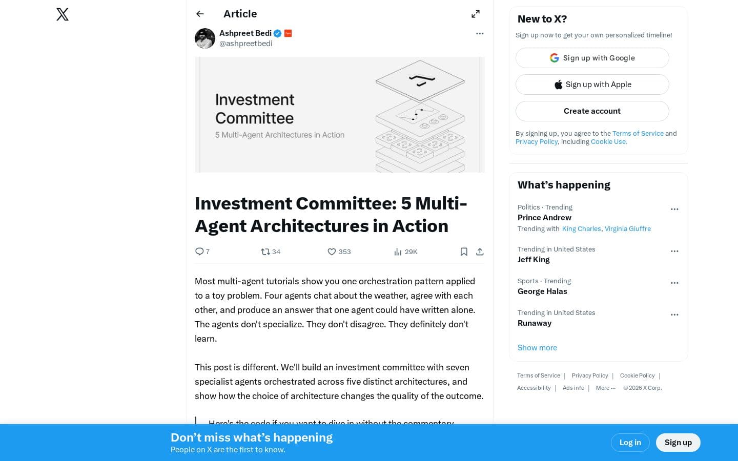 Ashpreet Bedi: “Investment Committee: 5 Multi-Agent Architectures in Action” / X