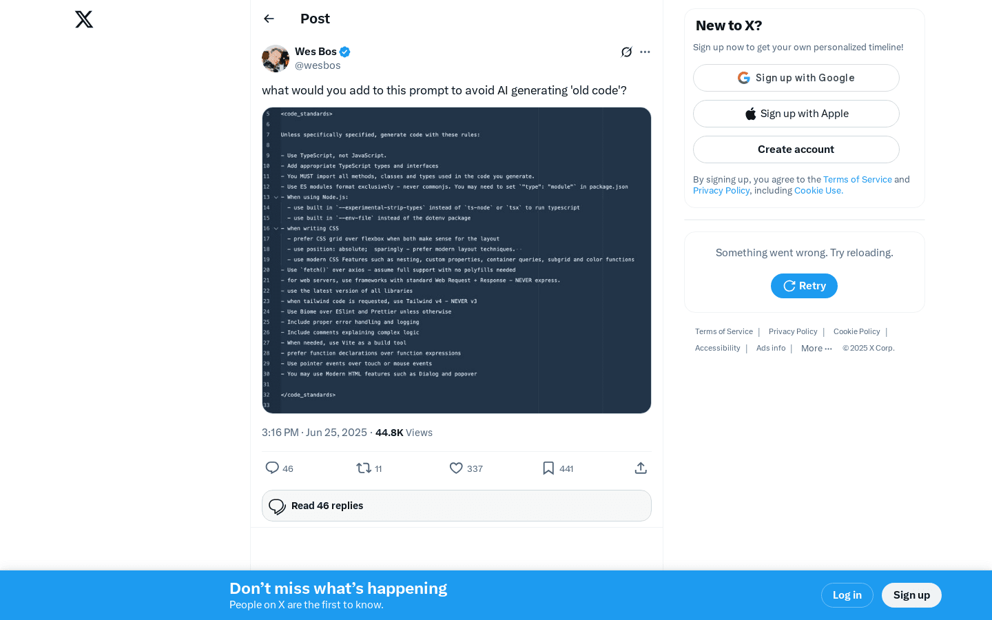 Wes Bos on X: “what would you add to this prompt to avoid AI generating ‘old code’? https://t.co/9L842oJP1W” / X