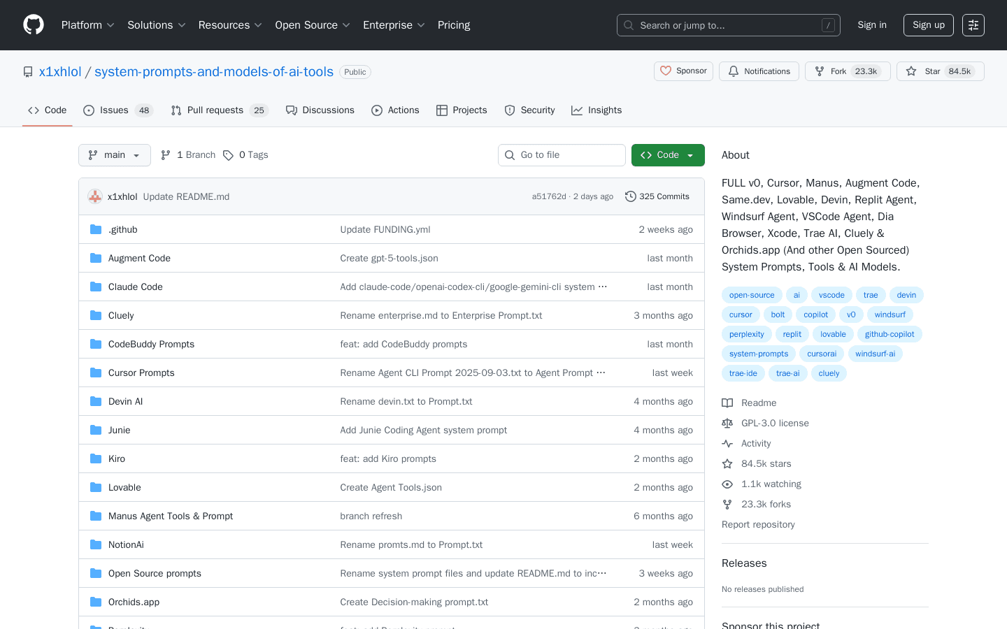 GitHub - x1xhlol/system-prompts-and-models-of-ai-tools: FULL v0, Cursor, Manus, Augment Code, Same.dev, Lovable, Devin, Replit Agent, Windsurf Agent, VSCode Agent, Dia Browser, Xcode, Trae AI, Cluely & Orchids.app (And other Open Sourced) System Prompts, Tools & AI Models.