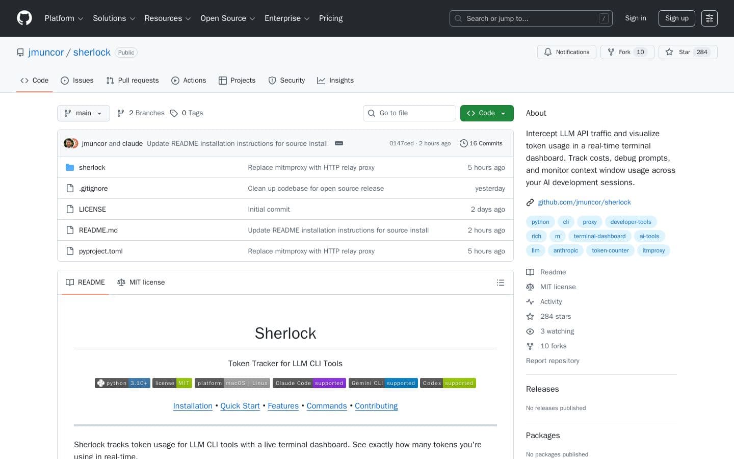 GitHub - jmuncor/sherlock: Intercept LLM API traffic and visualize token usage in a real-time terminal dashboard. Track costs, debug prompts, and monitor context window usage across your AI development sessions.