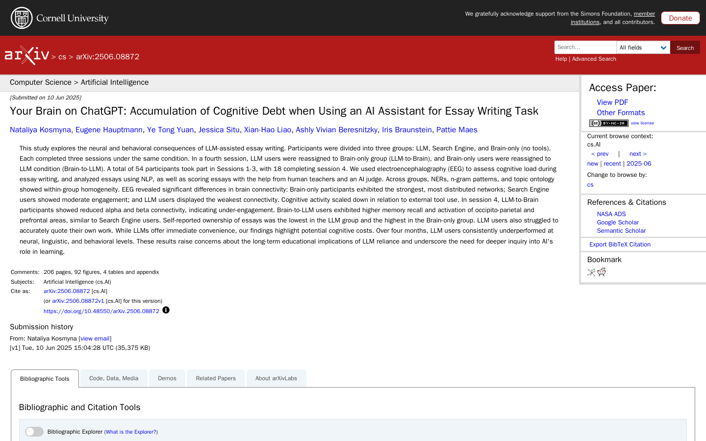 Your Brain on ChatGPT: Accumulation of Cognitive Debt when Using an AI Assistant for Essay Writing Task