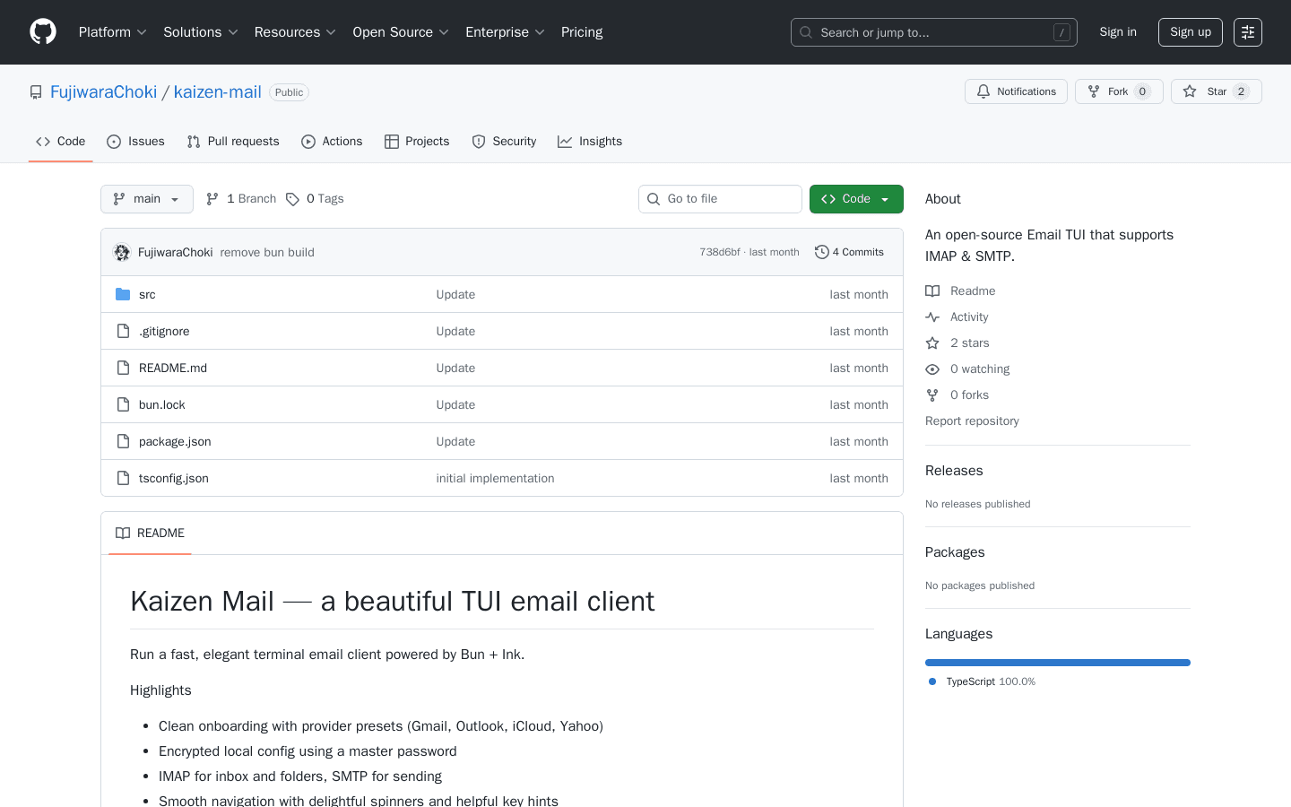 GitHub - FujiwaraChoki/kaizen-mail: An open-source Email TUI that supports IMAP & SMTP.