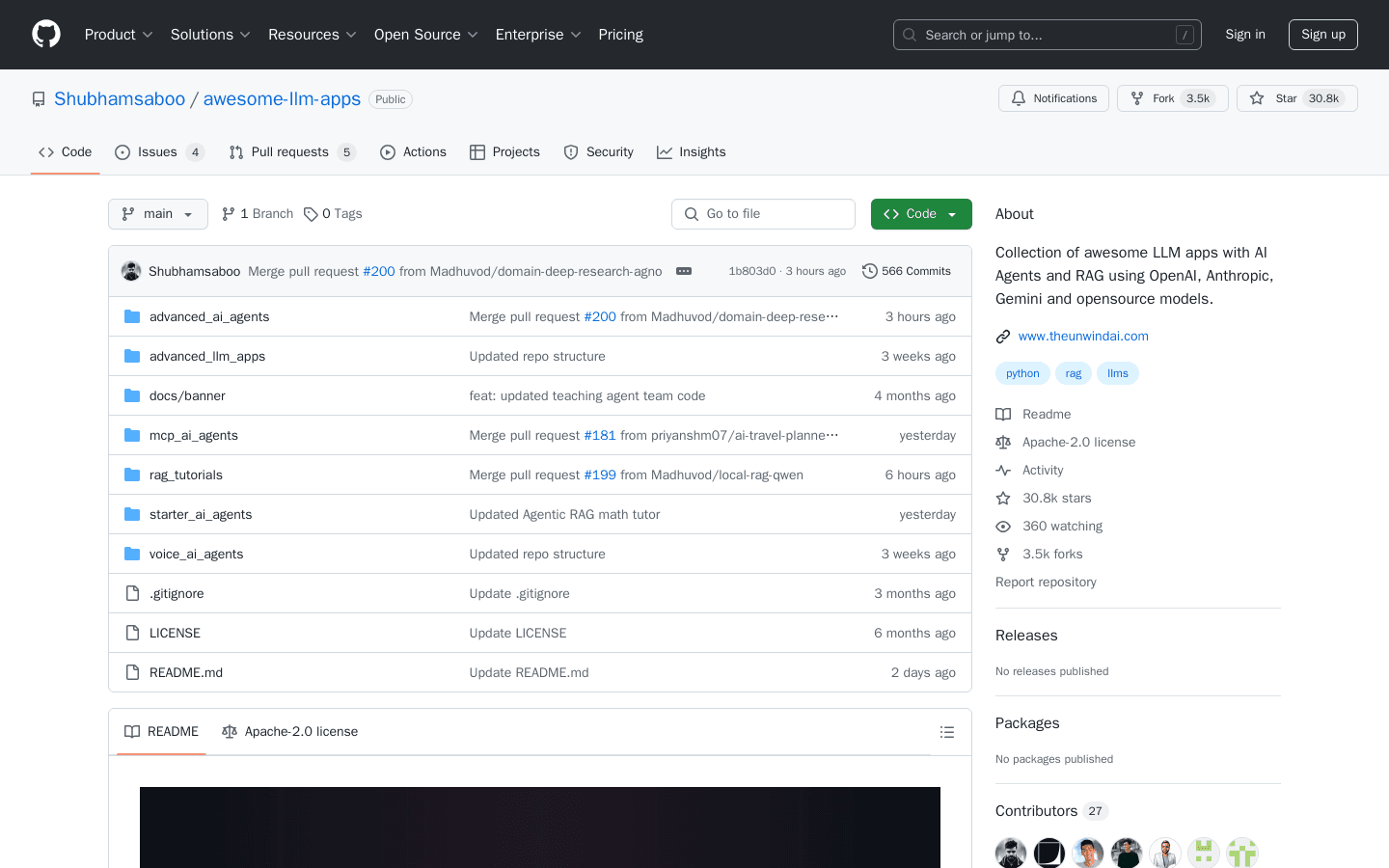 GitHub - Shubhamsaboo/awesome-llm-apps: Collection of awesome LLM apps with AI Agents and RAG using OpenAI, Anthropic, Gemini and opensource models.