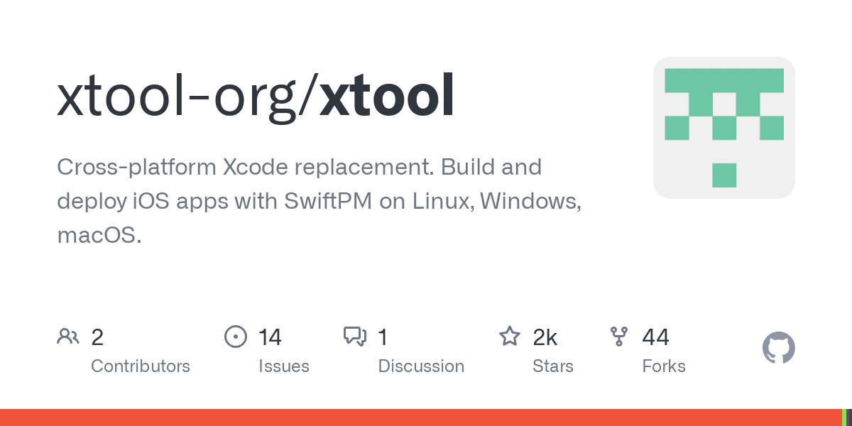 Preview of GitHub - xtool-org/xtool: Cross-platform Xcode replacement. Build and deploy iOS apps with SwiftPM on Linux, Windows, macOS.