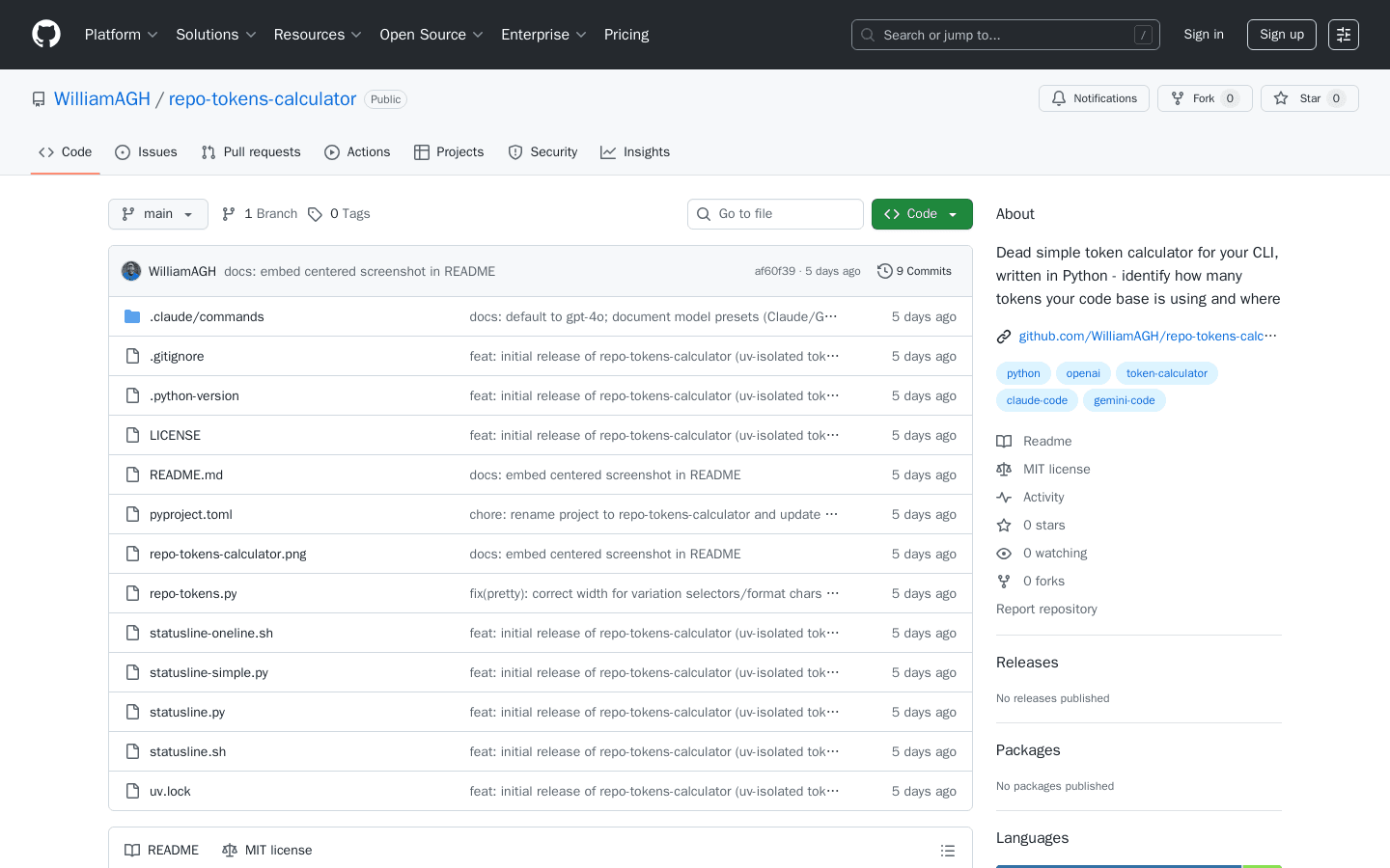 GitHub - WilliamAGH/repo-tokens-calculator: Dead simple token calculator for your CLI, written in Python - identify how many tokens your code base is using and where
