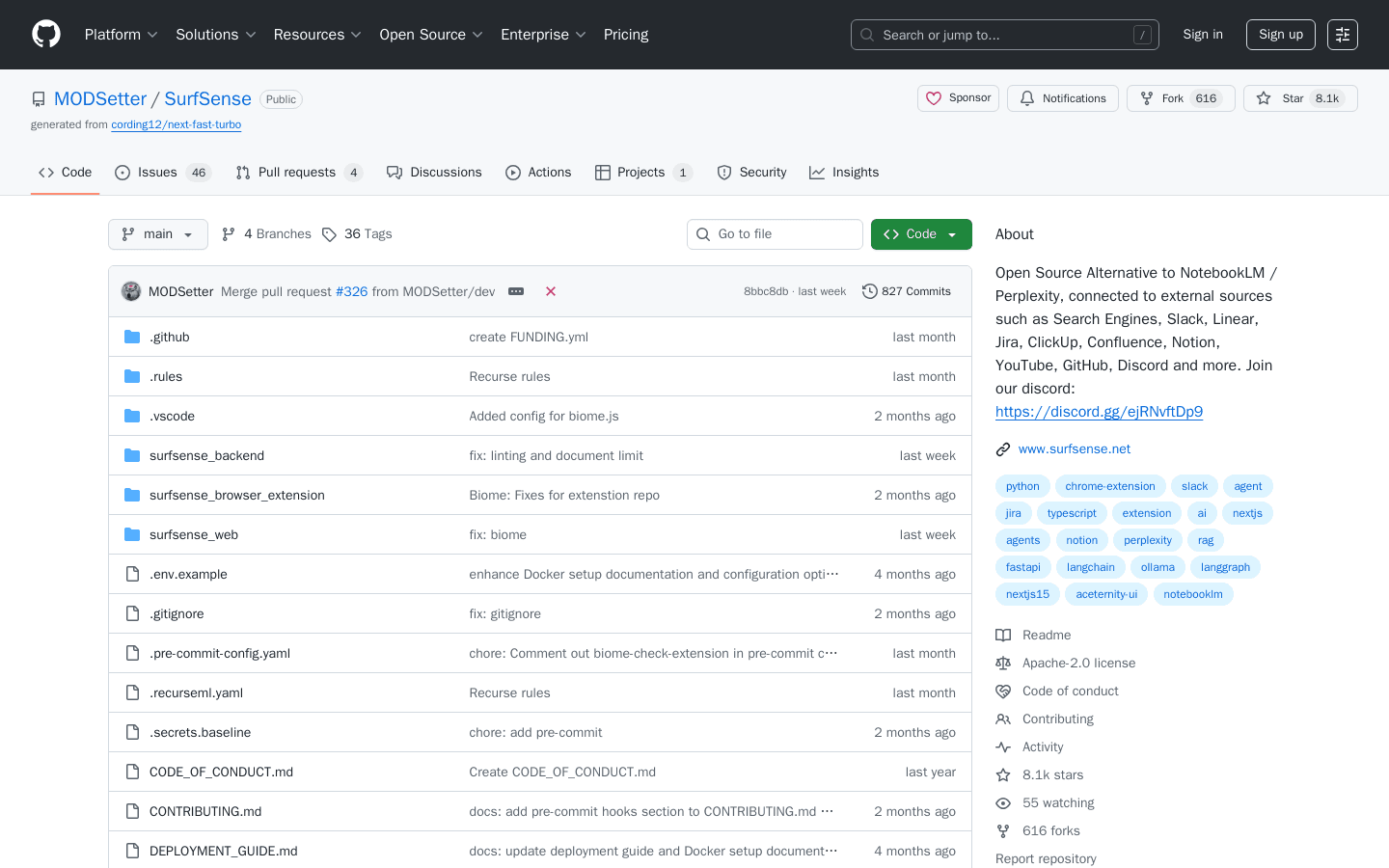 GitHub - MODSetter/SurfSense: Open Source Alternative to NotebookLM / Perplexity, connected to external sources such as Search Engines, Slack, Linear, Jira, ClickUp, Confluence, Notion, YouTube, GitHub, Discord and more. Join our discord: https://discord.gg/ejRNvftDp9