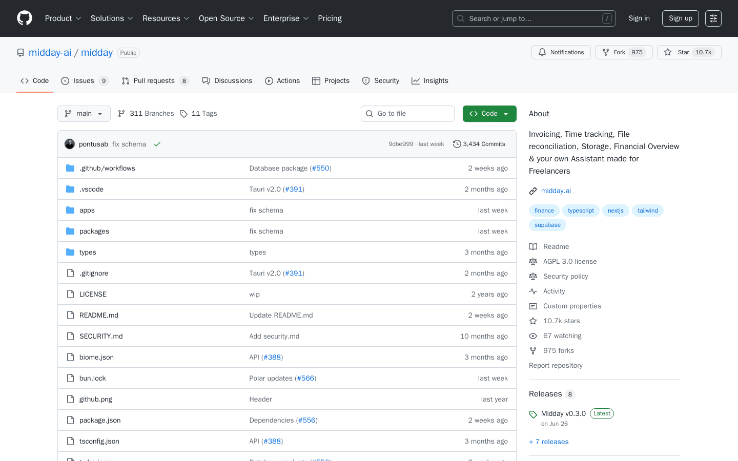 GitHub - midday-ai/midday: Invoicing, Time tracking, File reconciliation, Storage, Financial Overview & your own Assistant made for Freelancers